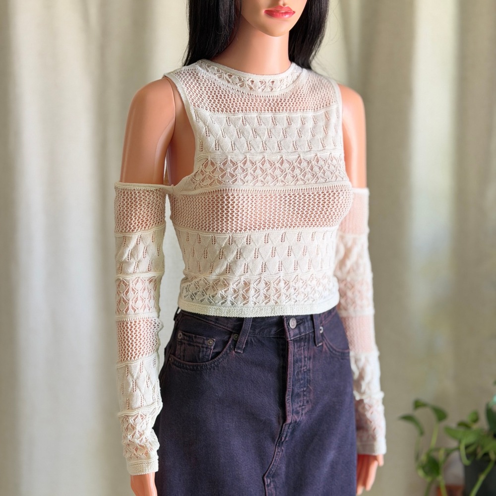 NWT Zara Womens Cream Cold Shoulder Pointelle Open Knit Cropped Top Boho S